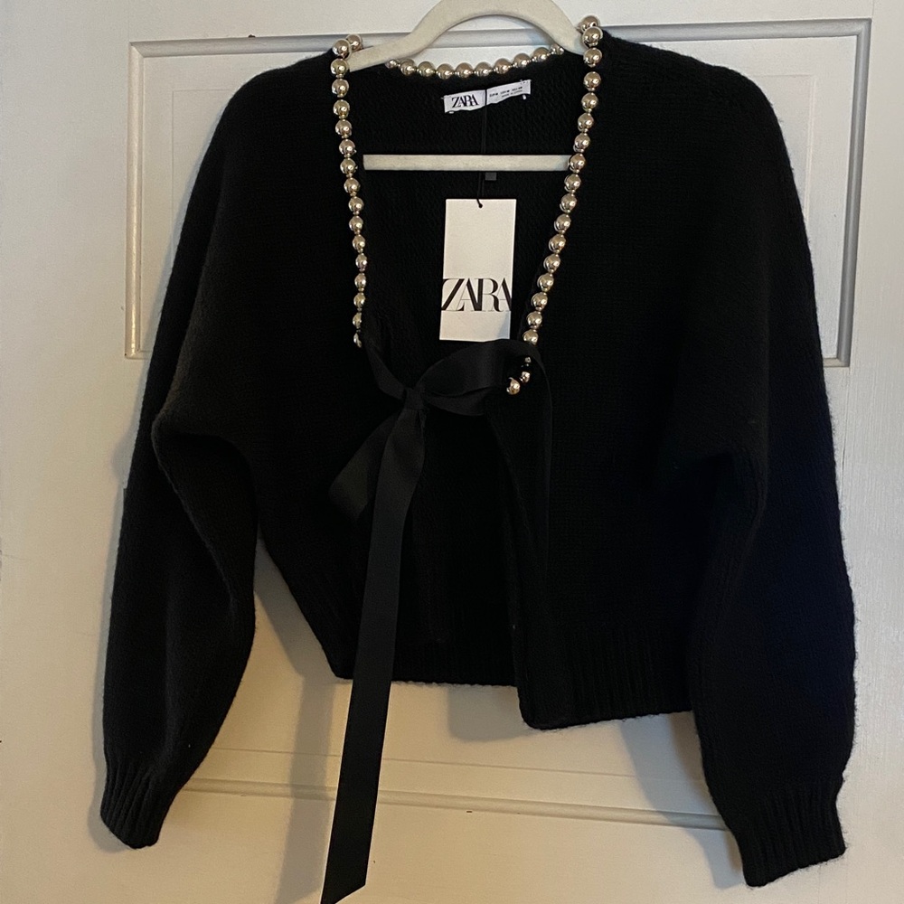 ZARA Black Cropped Knit Cardigan with Ribbon Detail